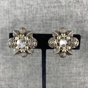 Vintage Silver Patterned Beads & Crystal Clip Ons